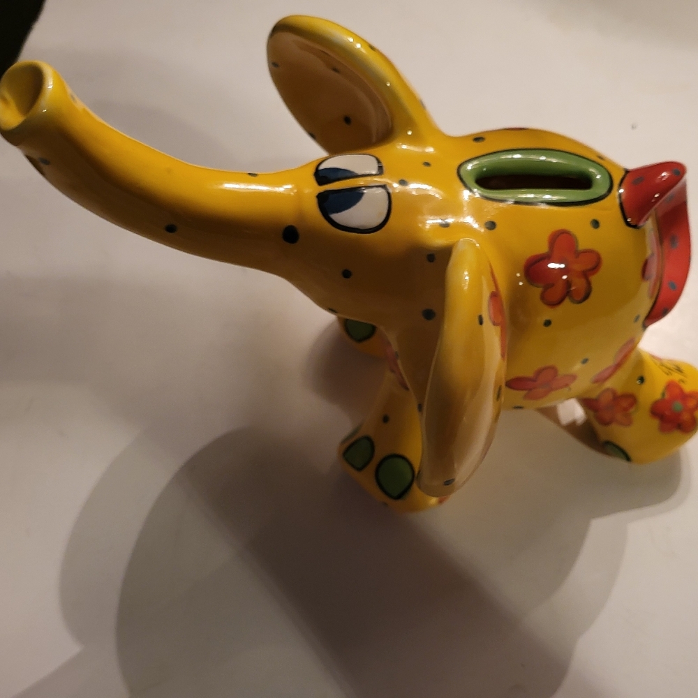 GANZ Signed by Pati Ceramic Yellow Elephant w/Funky Orange Flowers Coin Bank